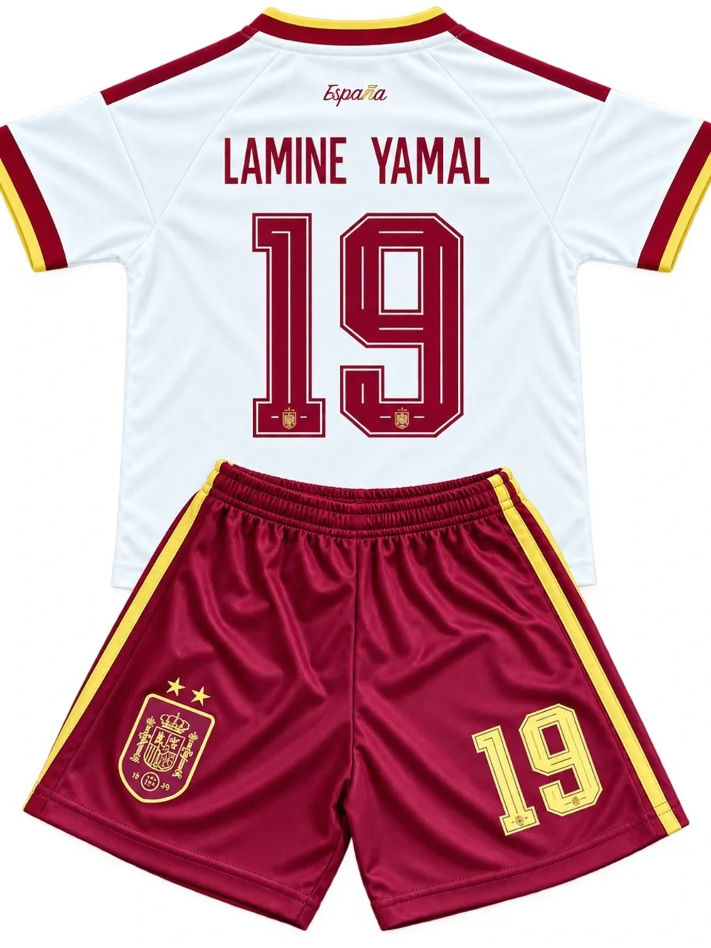 Spain Lamine Yamal Kids Soccer Jersey Set - White & Maroon away Uniform